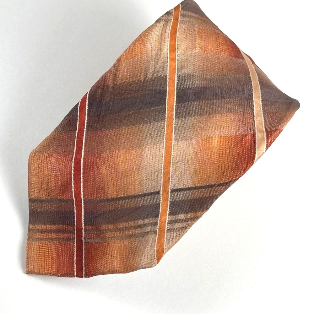 Van Heusen Necktie Mens OS Orange Plaid Silk Earth Tones Striped Academia Preppy